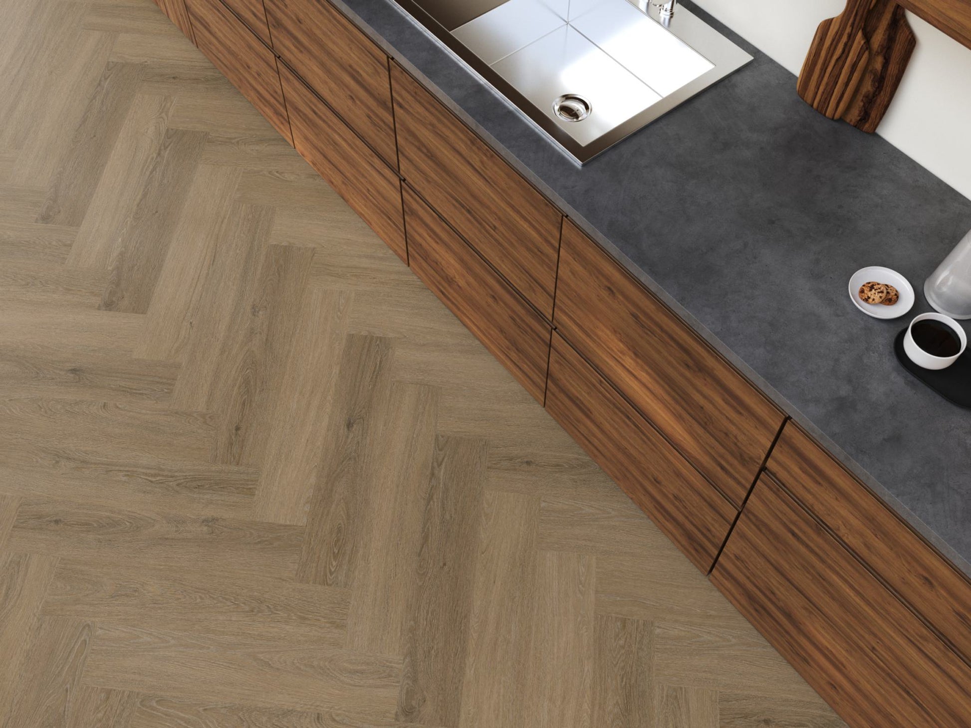 Floorlife YUP Sutton Light Brown Herringbone Dryback PVC - 9030150619 - Solza.nl