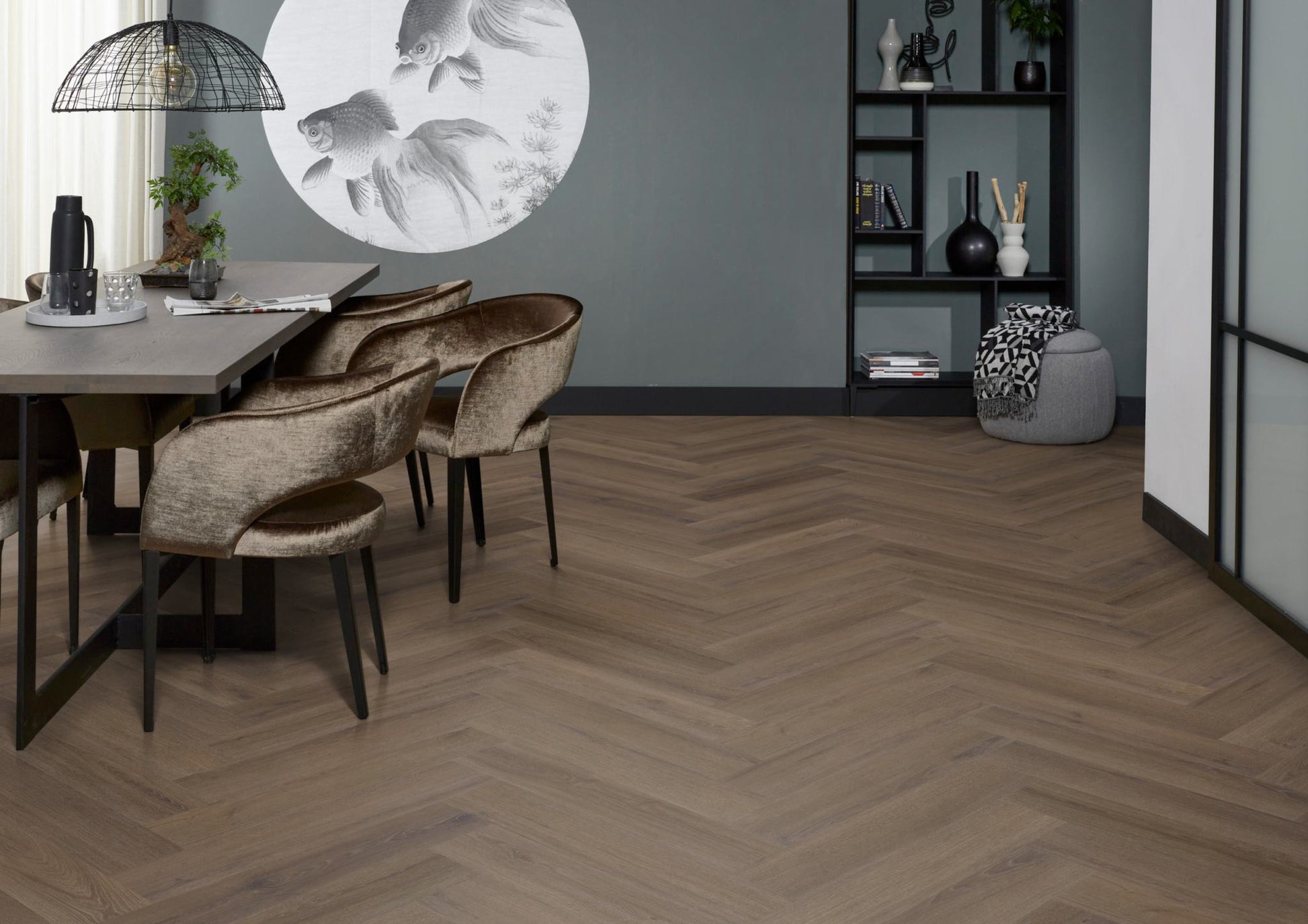 Floorlife YUP XL Greenford Brown Walvisgraat Dryback PVC - 6080101519 - Solza.nl