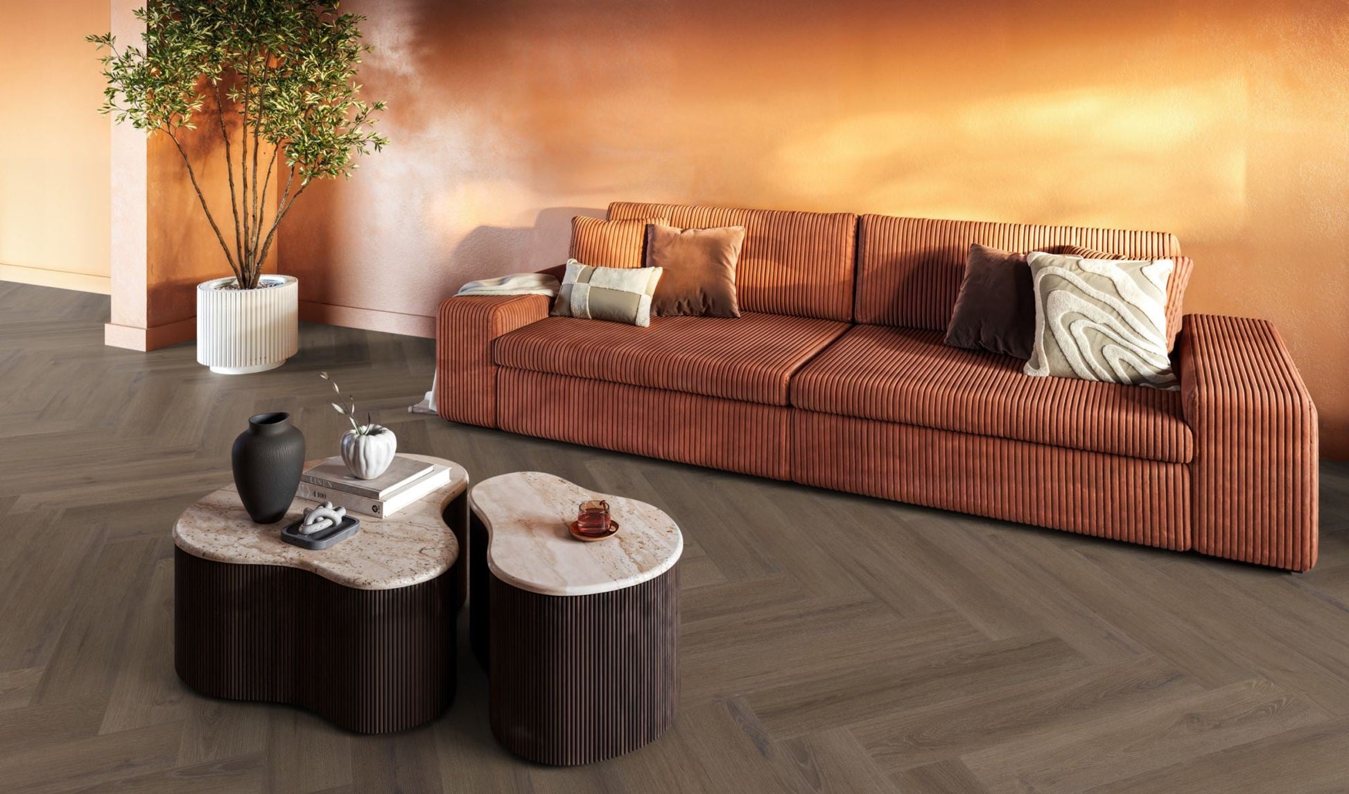 Floorlife YUP XL Greenford Brown Walvisgraat Dryback PVC - 6080101519 - Solza.nl