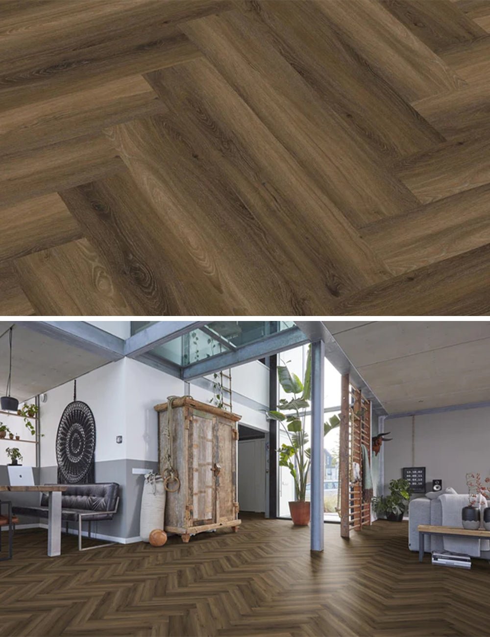 Floorlife Visgraat Click PVC YUP Herringbone Paddington Warm Brown 3501 SRC - Solza.nl