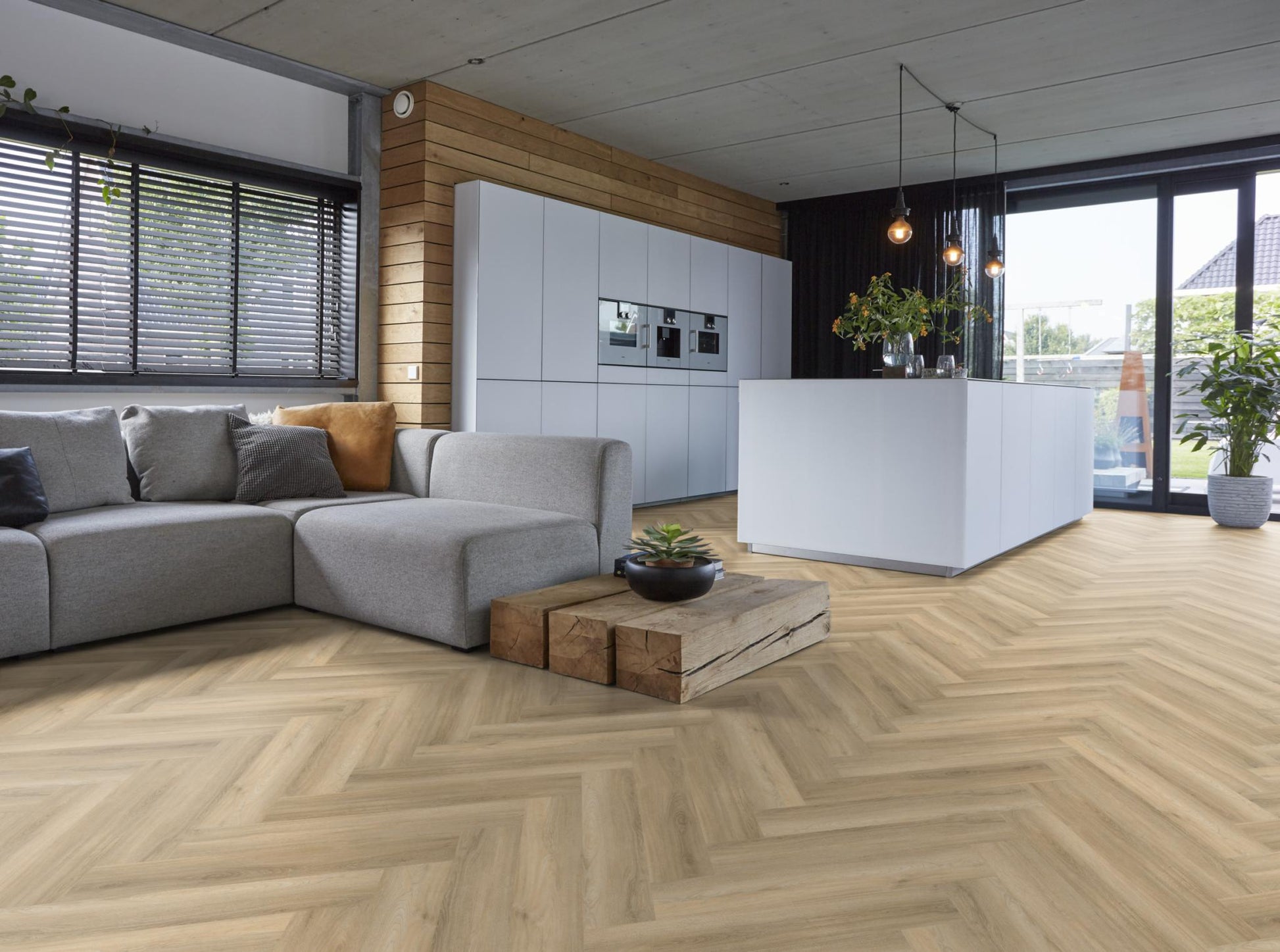 Floorlife Yup Herringbone Paddington Beige Dryback PVC - Visgraat 59.5 x 11.9 cm - Solza.nl