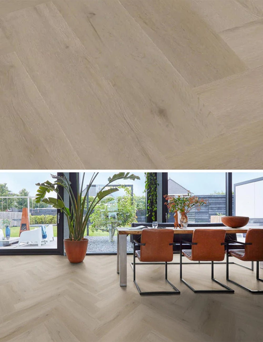 Floorlife Yup Leyton Herringbone Light Oak Dryback PVC - Noestarm visgraat - Solza.nl